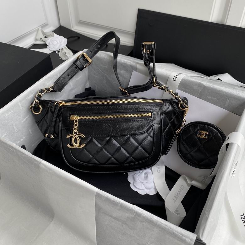 Chanel Quilted Waist Bag with Coin Purse in Black Aged Calfskin, Gold Hardware