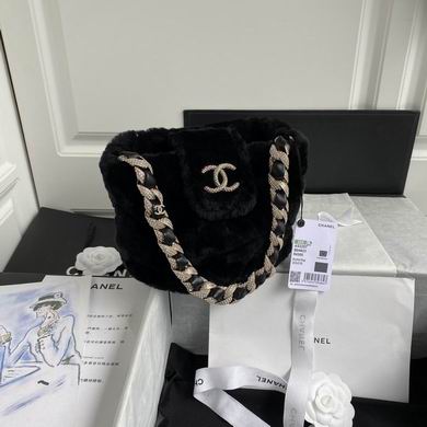 Chanel Small Bucket Bag in Black Shearling with Crystal Chain Strap