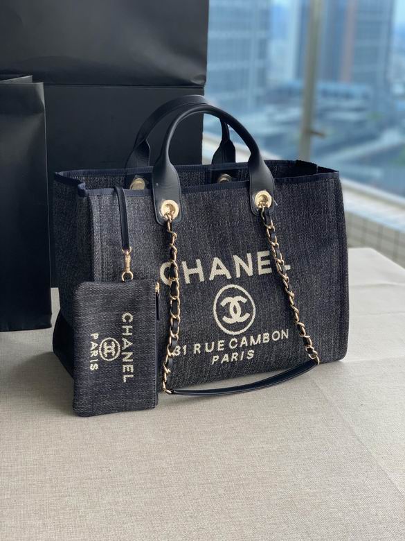 Chanel Deauville Tote Bag with Chain Straps and Pouch in Dark Navy Canvas