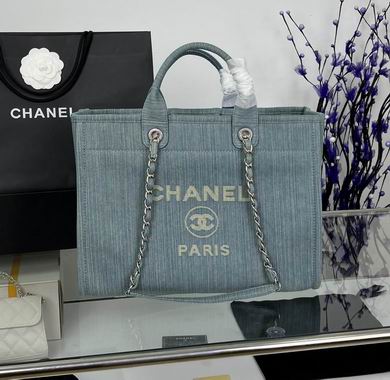 Chanel Deauville Large Tote Bag in Blue Denim with Silver Chain Straps
