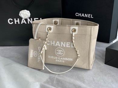 Chanel Deauville Tote Bag in Beige Canvas with White Chain Straps and Pouch
