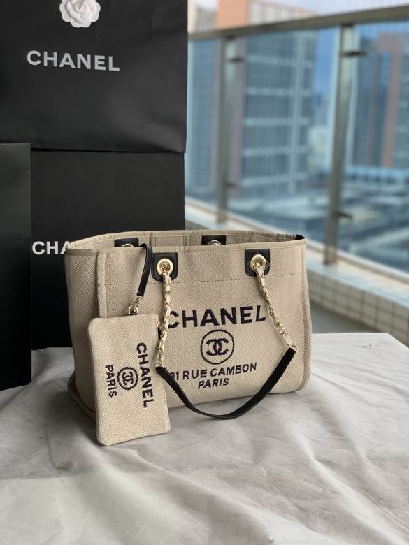 Chanel Deauville Small Tote Bag in Beige Canvas with Black Trim and Pouch