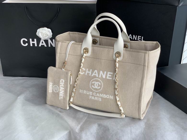 Chanel Deauville Tote Bag with Chain Straps and Pouch in Beige Canvas