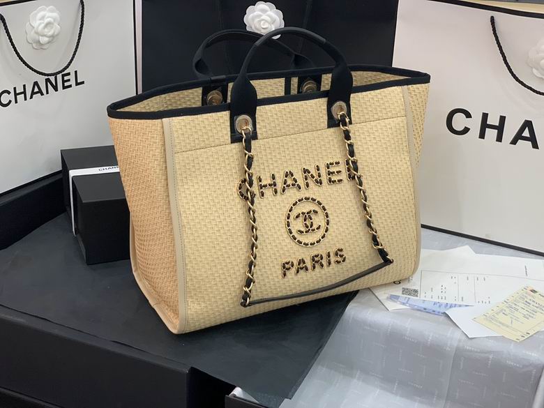 Chanel Deauville Large Tote Bag in Beige Woven Straw with Black Trim