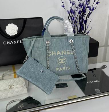 Chanel Deauville Small Tote Bag in Light Blue Denim with Chain and Pouch