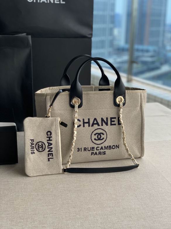 Chanel Deauville Small Tote Bag in Beige Canvas with Black Leather Handles