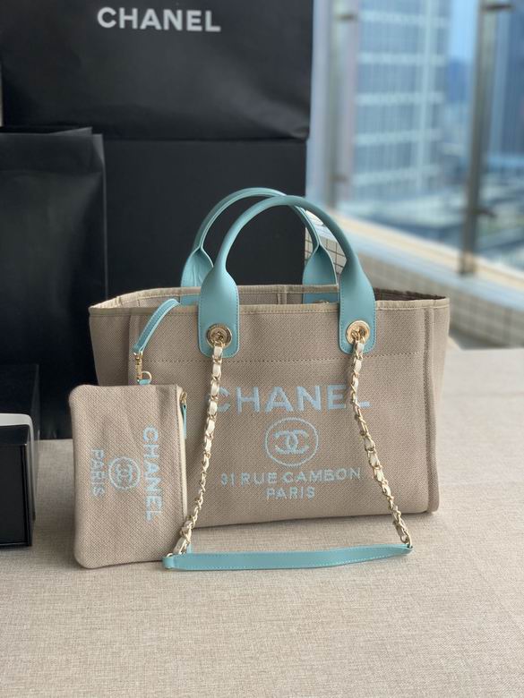 Chanel Deauville Small Tote Bag in Beige Canvas with Light Blue Leather Trim
