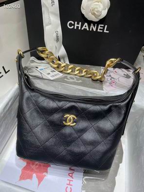 Chanel Quilted Hobo Bag with Chunky Gold Chain Handle in Black Leather