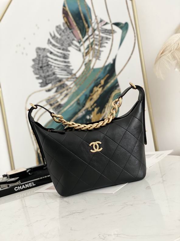 Chanel Quilted Hobo Shoulder Bag with Gold Chain Handle in Black Leather