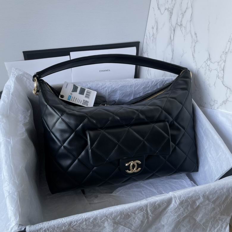 Chanel AS4339 Quilted Hobo Shoulder Bag with Front Flap Pocket in Black