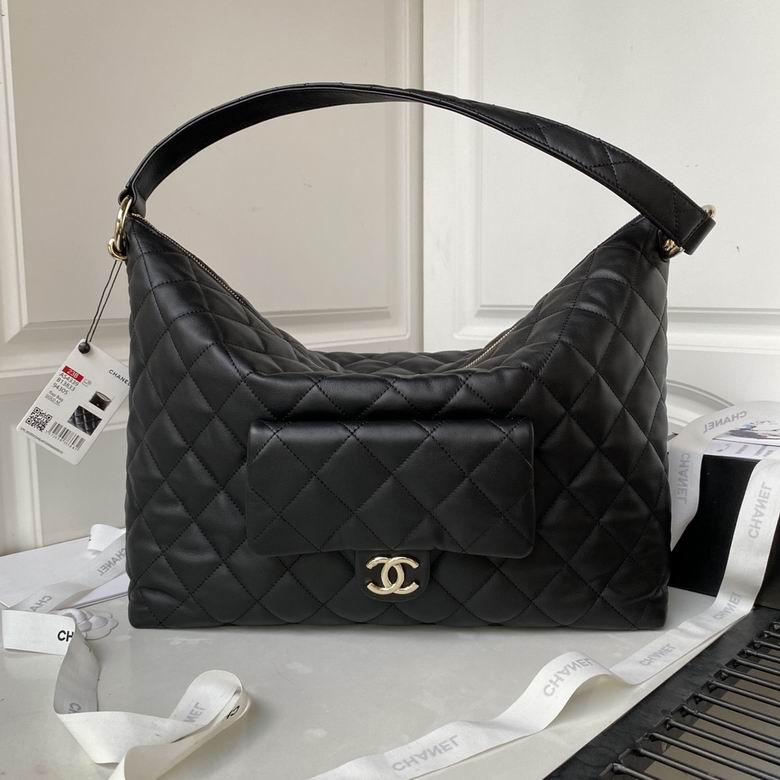 Chanel Quilted Hobo Shoulder Bag with Front Flap Pocket in Black Leather