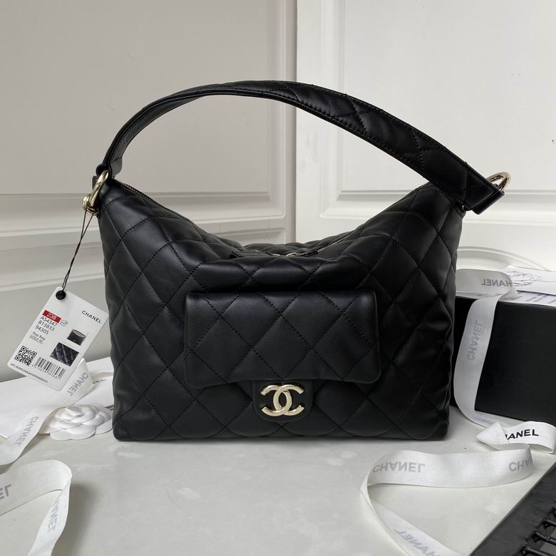 Chanel Quilted Hobo Shoulder Bag with Front Flap Pocket in Black Leather