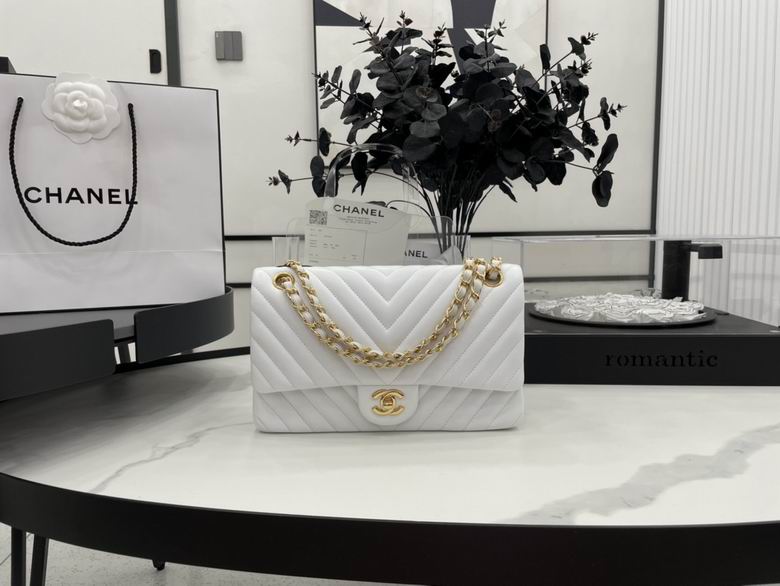 Chanel Classic Flap Medium Shoulder Bag in White Chevron Quilted Leather