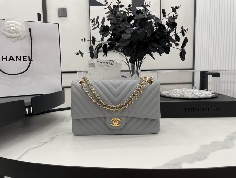 Chanel Classic Flap Medium Shoulder Bag in Gray Chevron Leather with Gold Chain