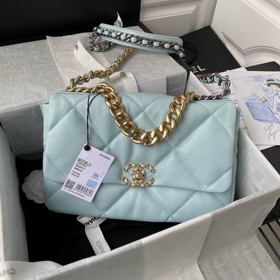 Chanel 19 Large Flap Bag in Light Blue Quilted Leather with Chunky Chain