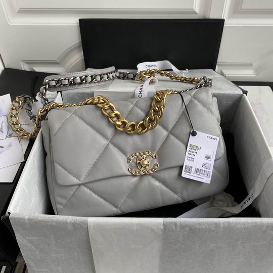 Chanel 19 Large Flap Bag in Grey Quilted Leather with Mixed-Metal Chain