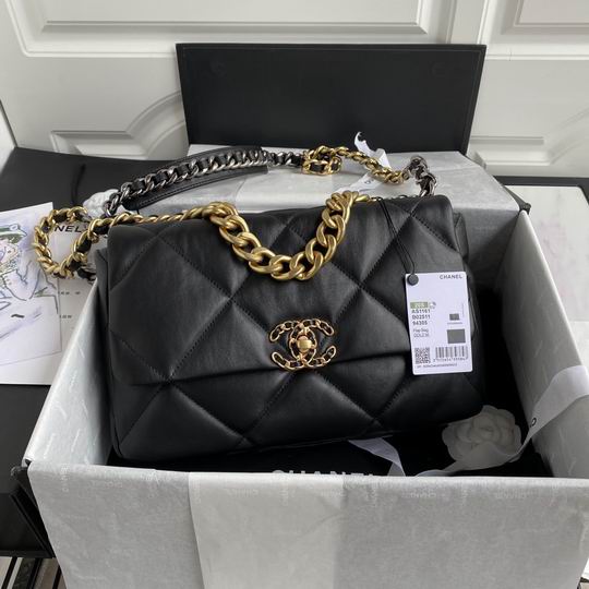 Chanel 19 Large Flap Bag in Black Quilted Leather with Gold Chain