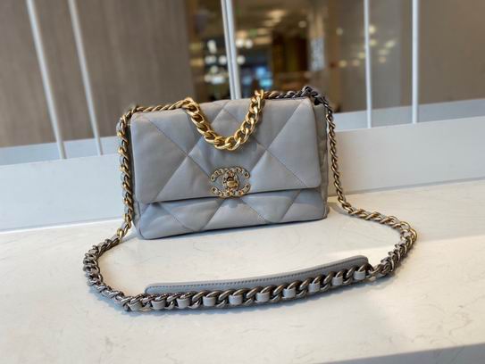 Chanel 19 Small Flap Bag in Gray Quilted Leather with Mixed-Metal Chain