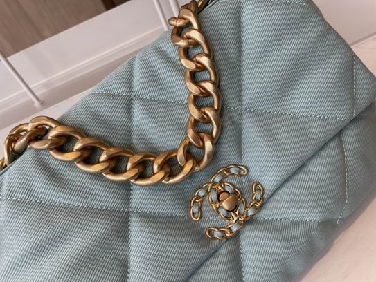 Chanel 19 Large Flap Bag in Light Blue Quilted Denim with Gold-Tone Chain