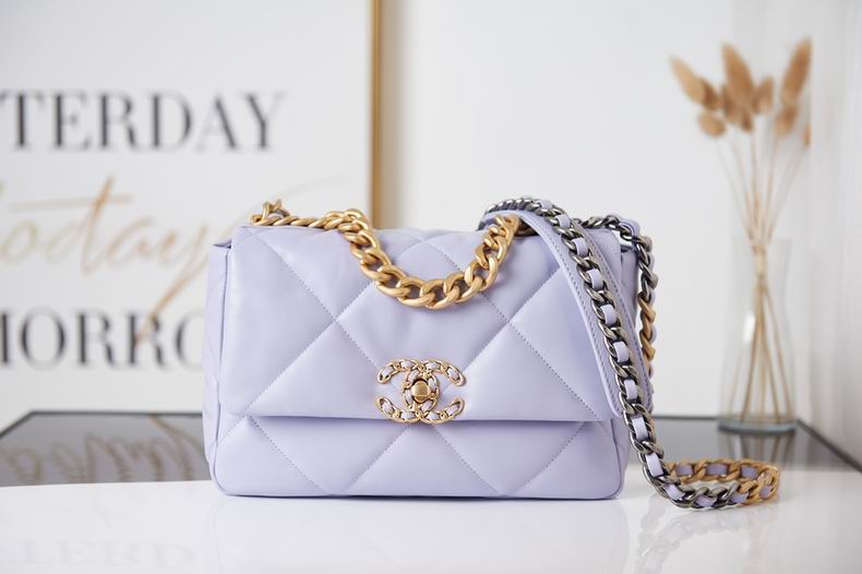 Chanel 19 Large Flap Bag in Lavender Quilted Leather with Mixed Metal Chain