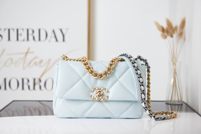 Chanel 19 Large Flap Bag in Light Blue Quilted Leather with Mixed-Metal Chain