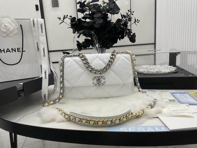 Chanel 19 Large Flap Bag in White Quilted Leather with Mixed-Metal Chain