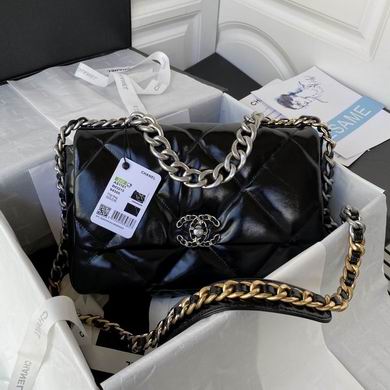 Chanel 19 Large Flap Bag in Black Shiny Quilted Leather with Mixed-Metal Chain