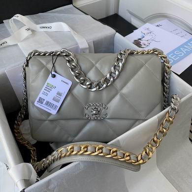 Chanel 19 Large Flap Bag in Grey Quilted Leather with Mixed-Metal Chain