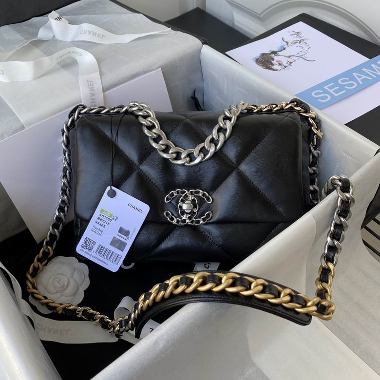 Chanel 19 Medium Flap Bag in Black Quilted Leather with Mixed-Metal Chain