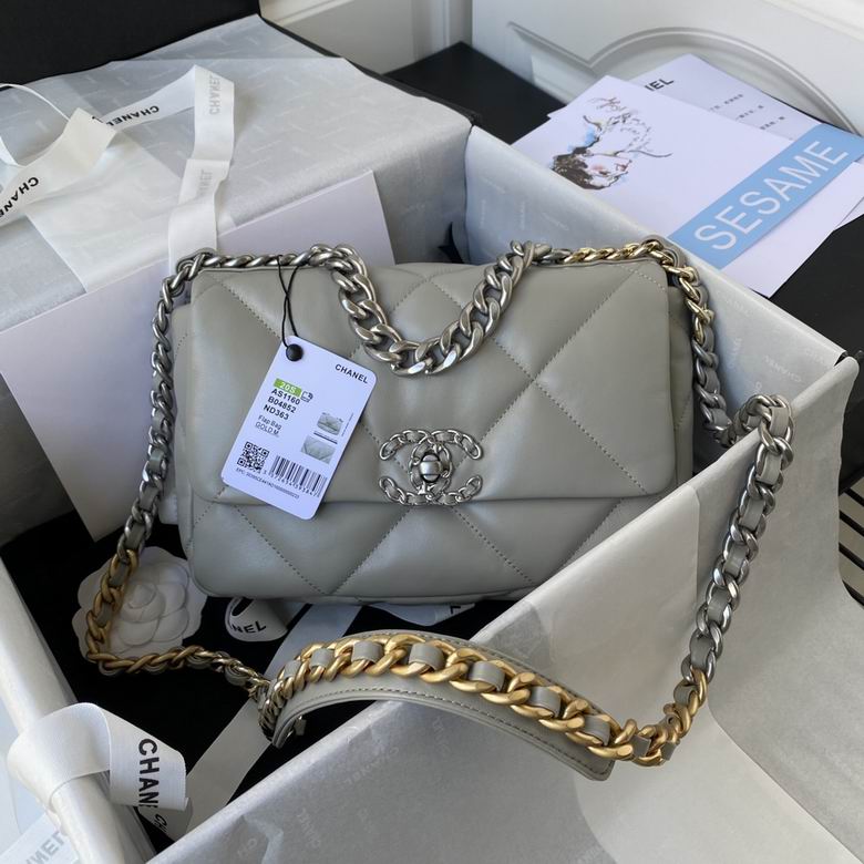 Chanel 19 Medium Flap Bag in Grey Quilted Leather with Mixed-Metal Chain