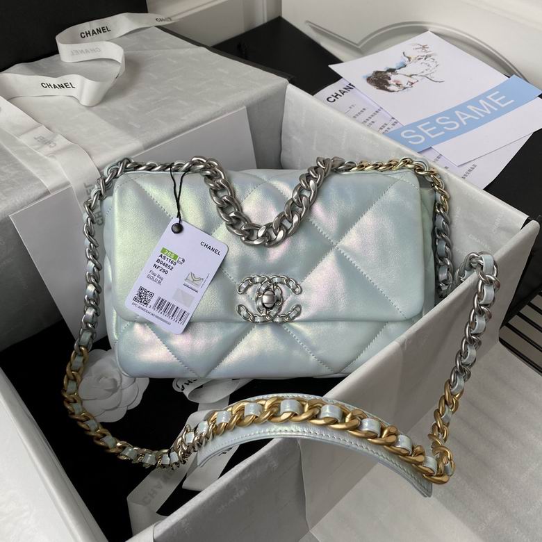 Chanel 19 Medium Flap Bag in Iridescent Light Blue Lambskin with Mixed Metal Chain