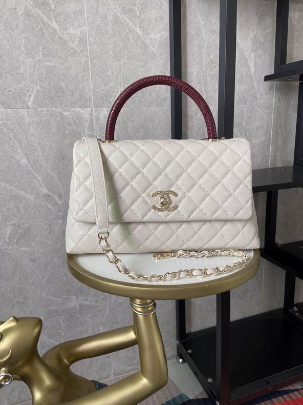 Chanel Coco Handle Medium Flap Bag in White Grained Leather, Burgundy Handle