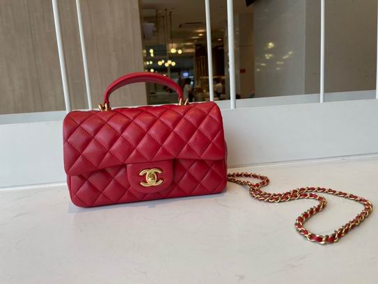 Chanel Mini Flap Bag with Top Handle in Red Quilted Lambskin, Gold Hardware