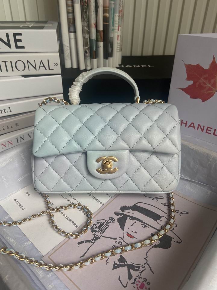 Chanel Mini Flap Bag with Top Handle in Light Blue Quilted Lambskin