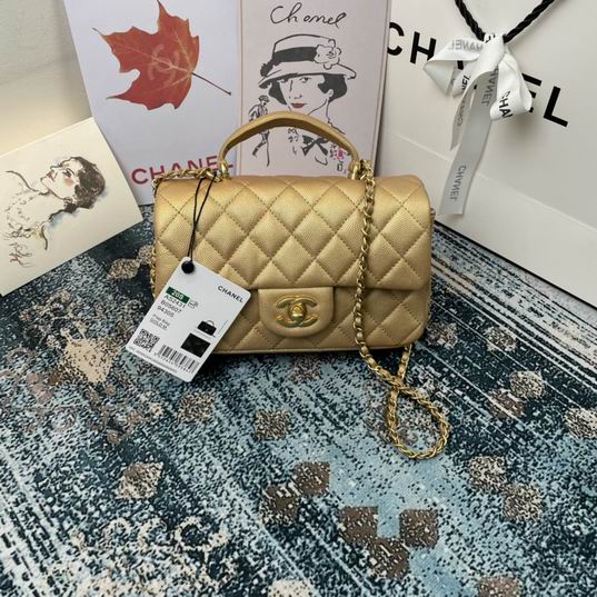 Chanel Mini Flap Bag with Top Handle in Gold Quilted Grained Leather