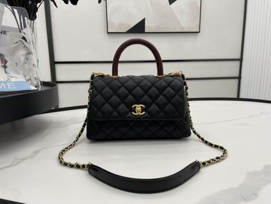Chanel Coco Handle Small Flap Bag in Black Quilted Leather with Burgundy Handle
