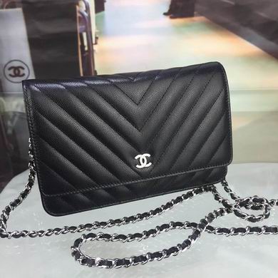 Chanel Wallet on Chain Chevron Crossbody Bag in Black Grained Leather