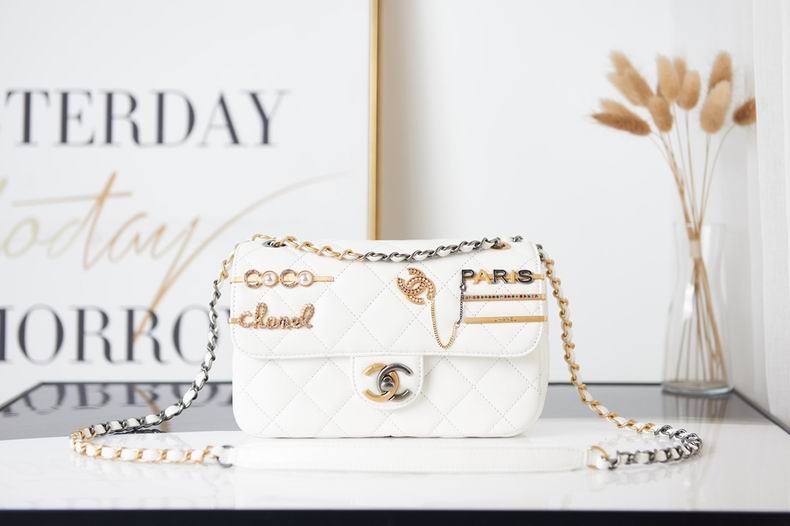 Chanel Mini Flap Bag with COCO and PARIS Charms in White Quilted Leather