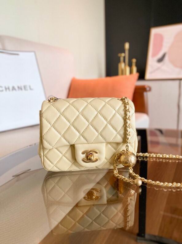 Chanel Wallet on Chain Crossbody Bag in Cream Quilted Leather with Gold Pearl Ball