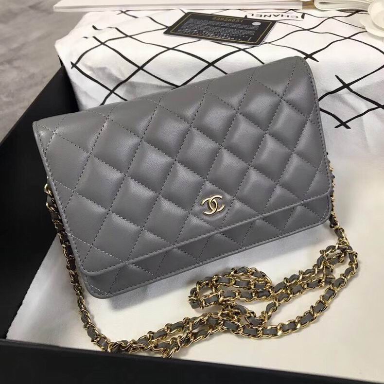 Chanel Classic Wallet on Chain in Gray Quilted Lambskin with Gold Hardware