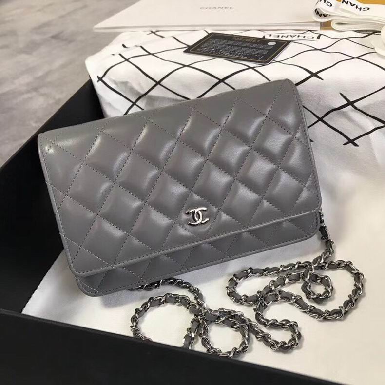 Chanel Classic Wallet on Chain in Gray Quilted Lambskin with Silver Hardware