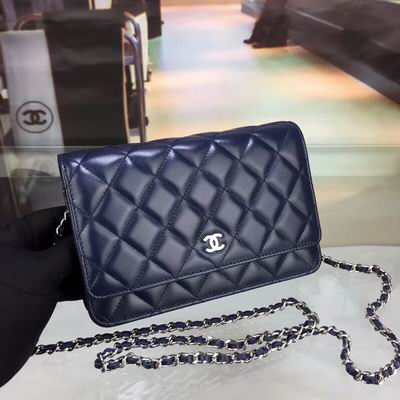 Chanel Classic Wallet on Chain WOC in Navy Quilted Lambskin with Silver Chain