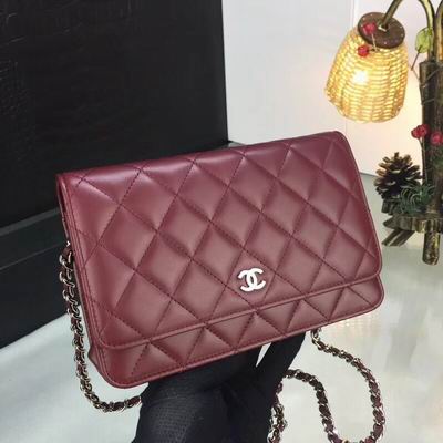 Chanel Classic Wallet on Chain WOC in Burgundy Quilted Lambskin, Silver Hardware