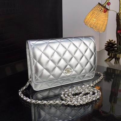 Chanel Wallet on Chain WOC Crossbody Bag in Silver Quilted Leather