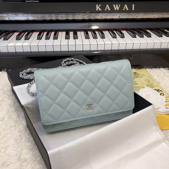 Chanel Classic Wallet on Chain WOC in Light Blue Quilted Grained Leather