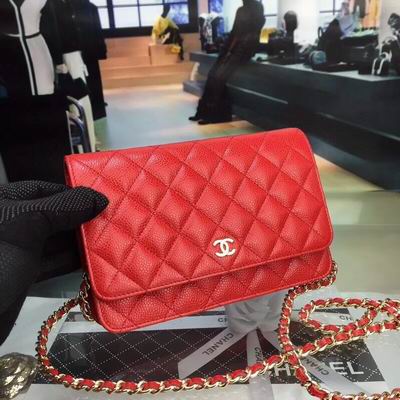 Chanel Classic Wallet on Chain in Red Quilted Grained Leather with Gold Chain