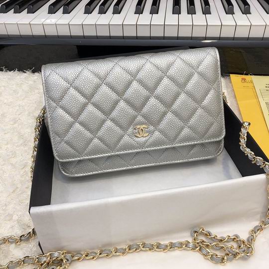 Chanel Classic Wallet on Chain in Silver Quilted Grained Leather