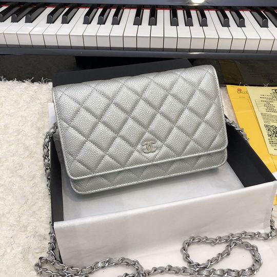 Chanel Classic Wallet on Chain in Silver Quilted Grained Leather