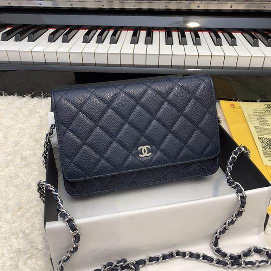 Chanel Classic Wallet on Chain in Navy Quilted Grained Leather, Silver Hardware