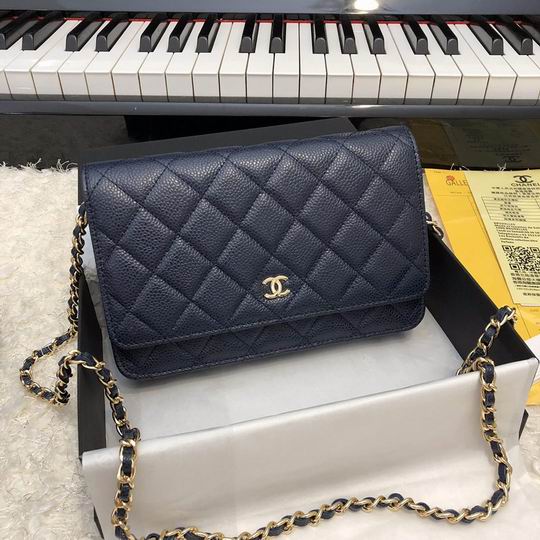 Chanel Classic Wallet on Chain in Navy Quilted Grained Leather with Gold Chain